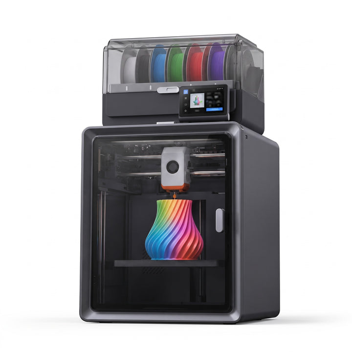 Apex Pro Color enclosed CoreXY 3D printer with its filament unit on top and a multicolor vase inside, on a white background