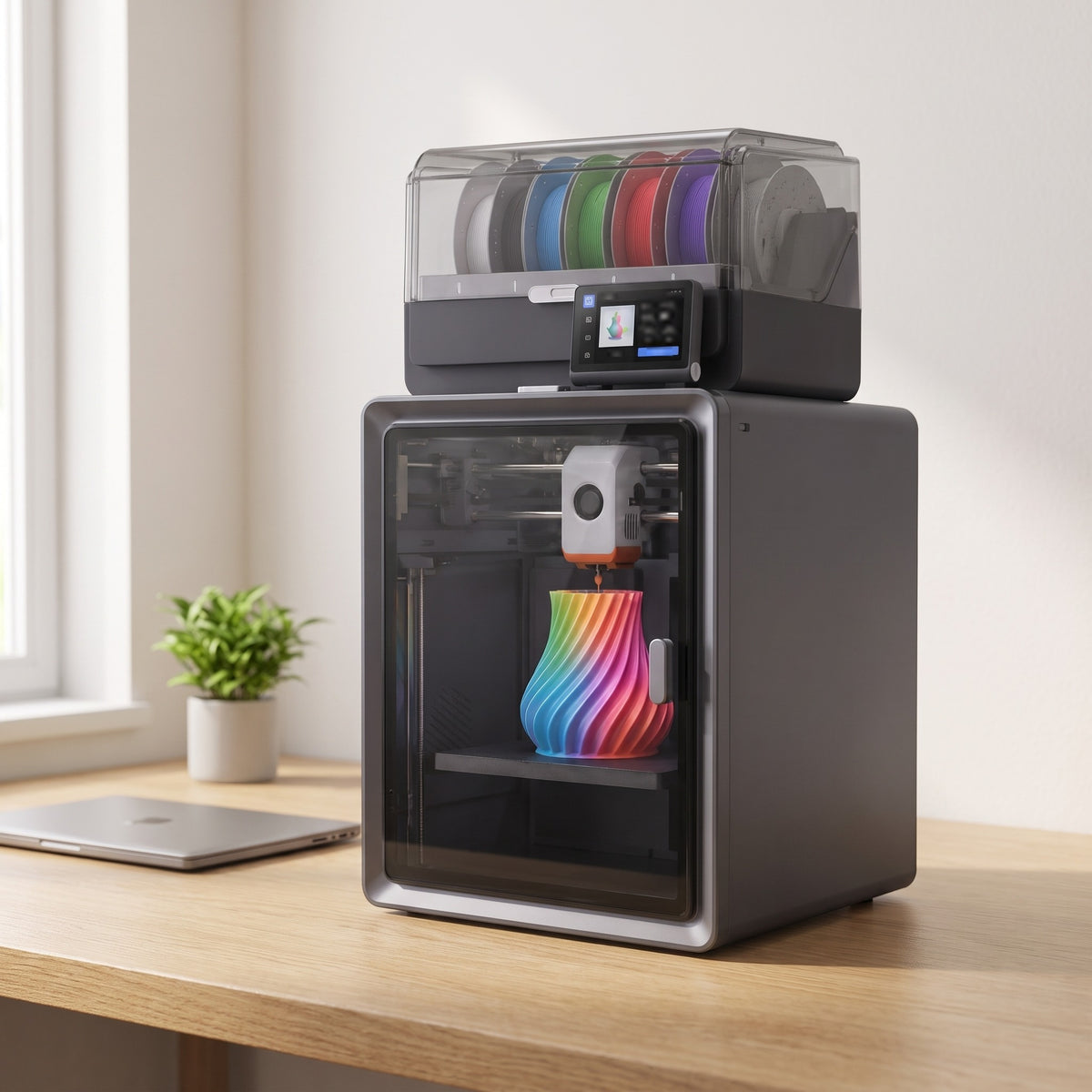 Apex Pro Color 3D printer with filament unit on a light oak desk in a bright home office