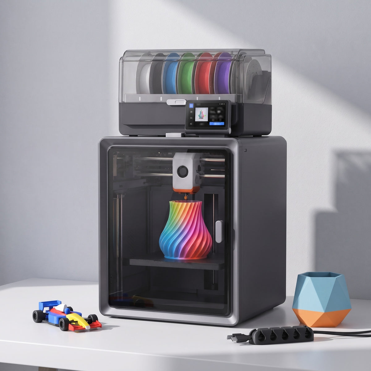 Apex Pro Color 3D printer with a multicolor toy race car, two-tone planter and black cable organizer