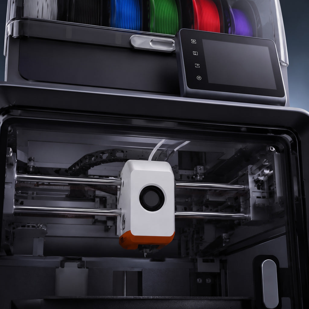 Close-up of the Apex Pro Color print head, rails and touchscreen inside the enclosure