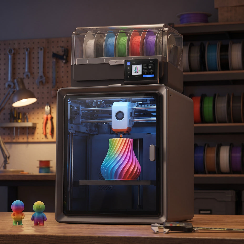 Apex Pro Color 3D printer on a wooden workbench in an evening maker space with printed figures and calipers