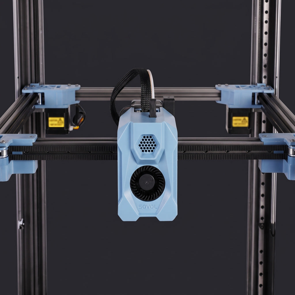 Close-up of the Atlas XL light-blue print head and CoreXY gantry