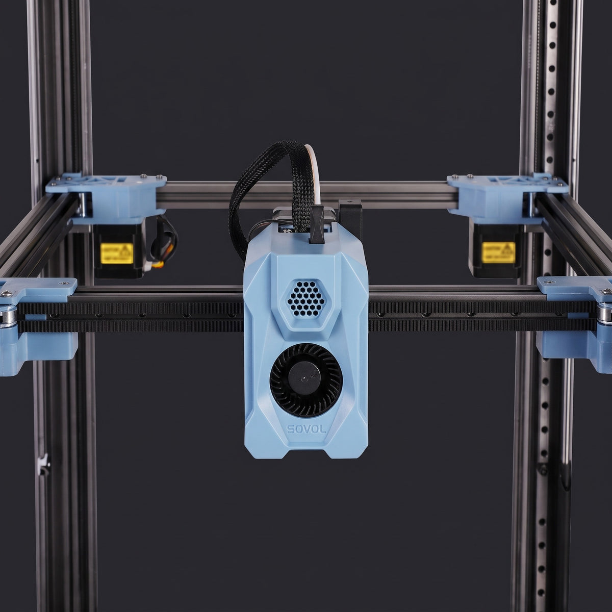 Close-up of the Atlas XL light-blue print head and CoreXY gantry