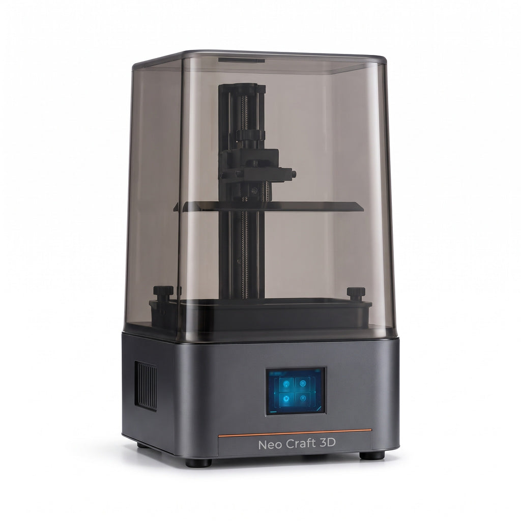 Aura One 7-inch 10K resin 3D printer with smoky gray cover and front touchscreen, on a white background