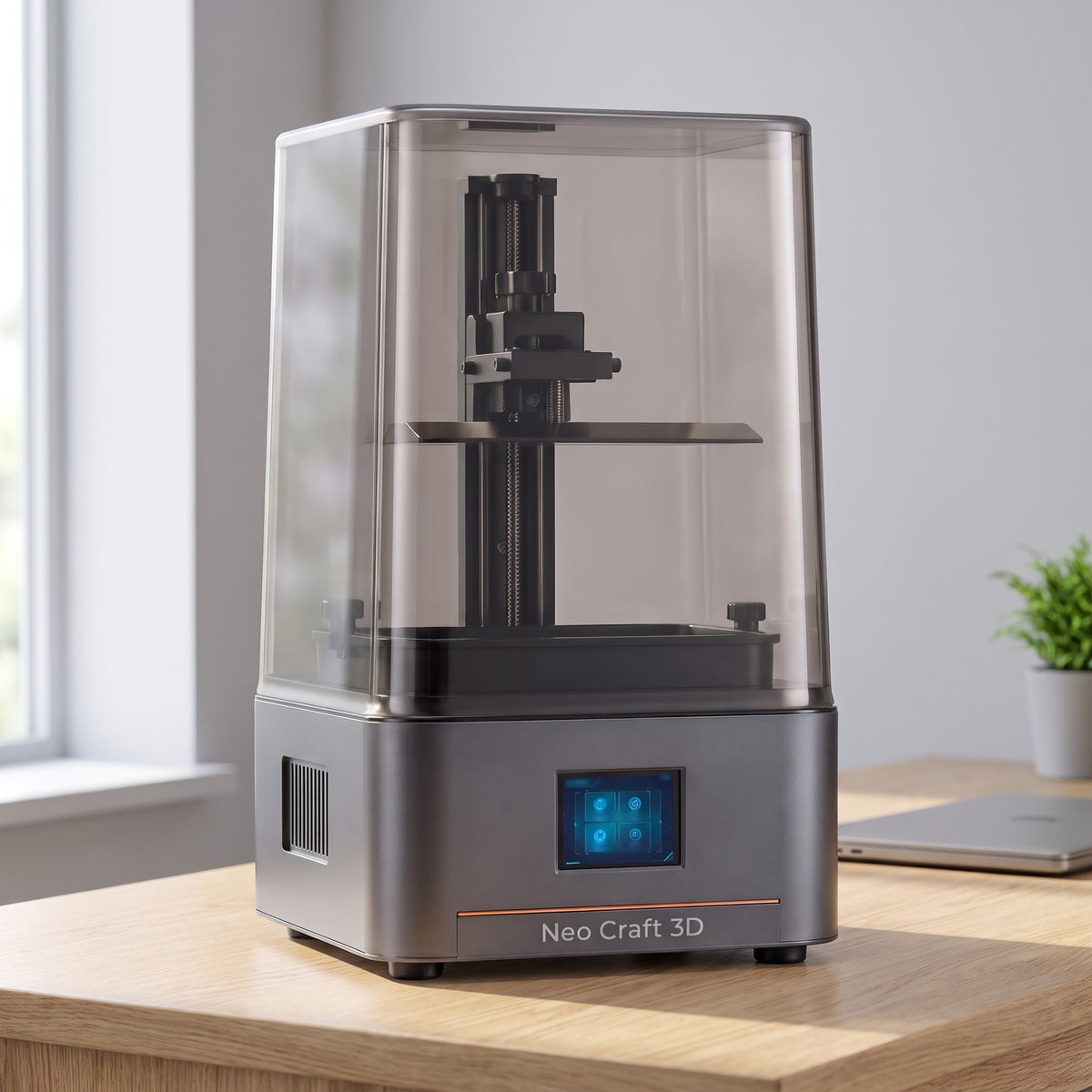Aura One resin 3D printer on a light oak desk in a bright home office