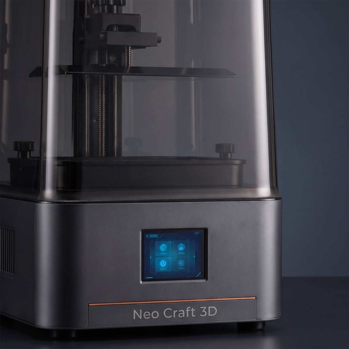 Close-up of the Aura One resin vat, build platform and touchscreen