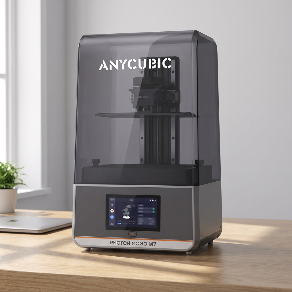 Aura Max resin 3D printer on a light oak desk in a bright home office