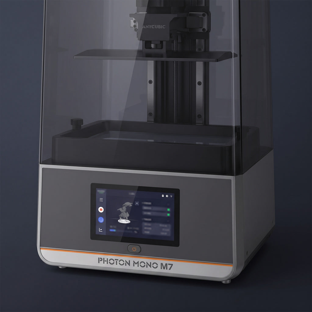 Close-up of the Aura Max resin vat, build platform, touchscreen and power button