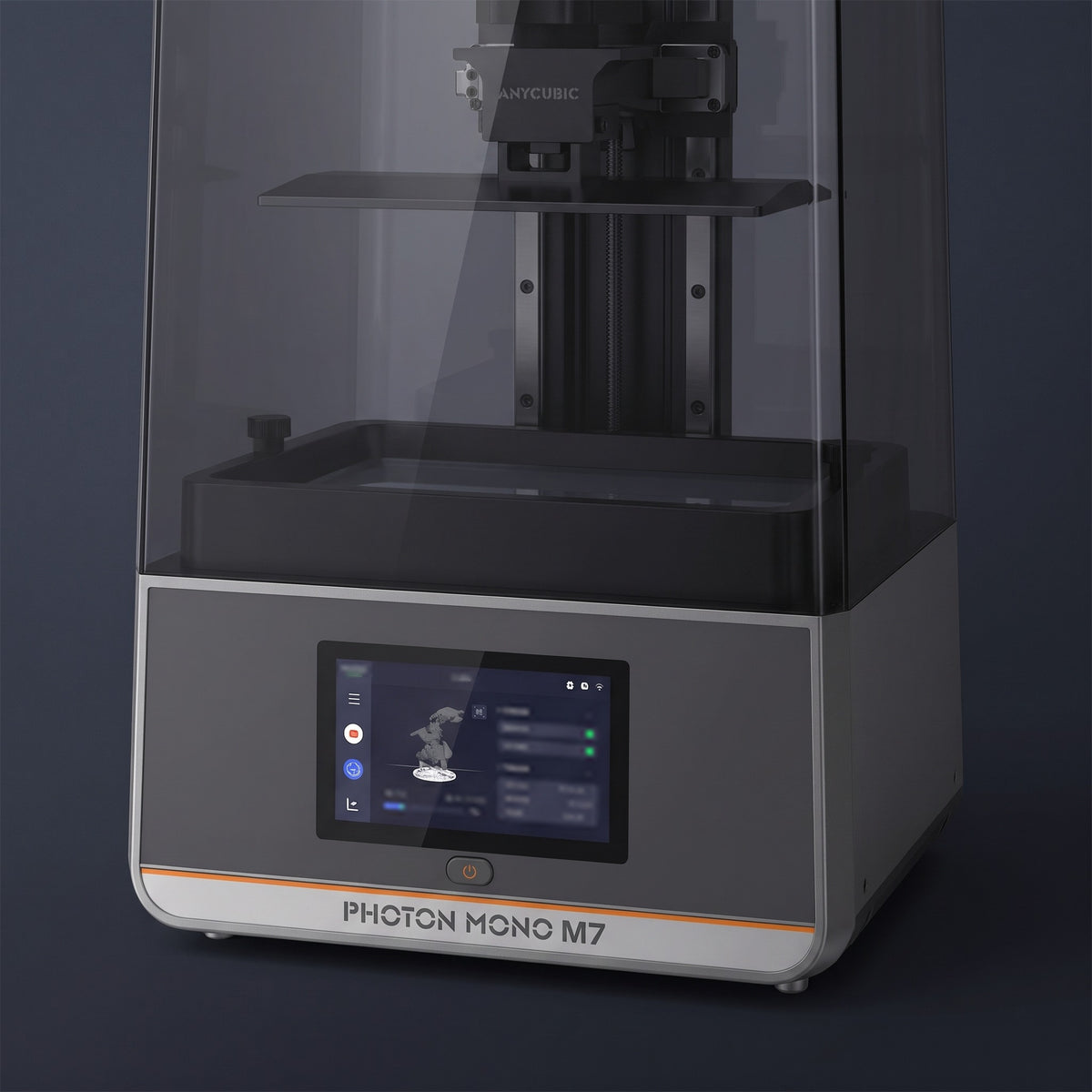 Close-up of the Aura Max resin vat, build platform, touchscreen and power button
