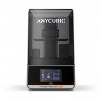 Aura Max Pro 14K resin 3D printer, front view, smoky gray cover and wide touchscreen, on a white background