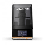 Aura Max Pro 14K resin 3D printer, front view, smoky gray cover and wide touchscreen, on a white background