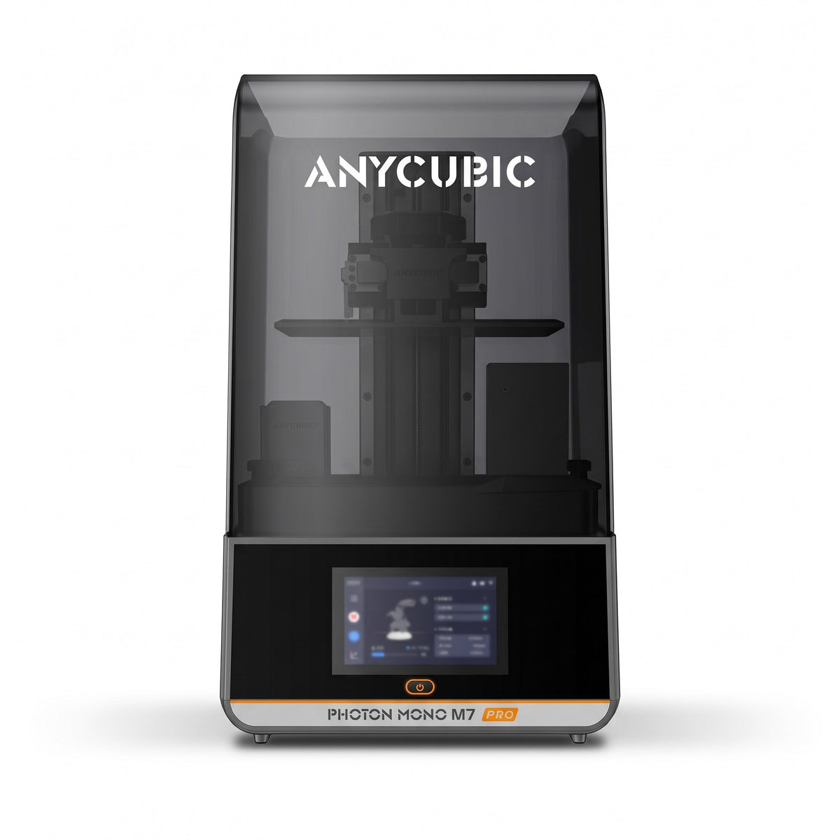 Aura Max Pro 14K resin 3D printer, front view, smoky gray cover and wide touchscreen, on a white background