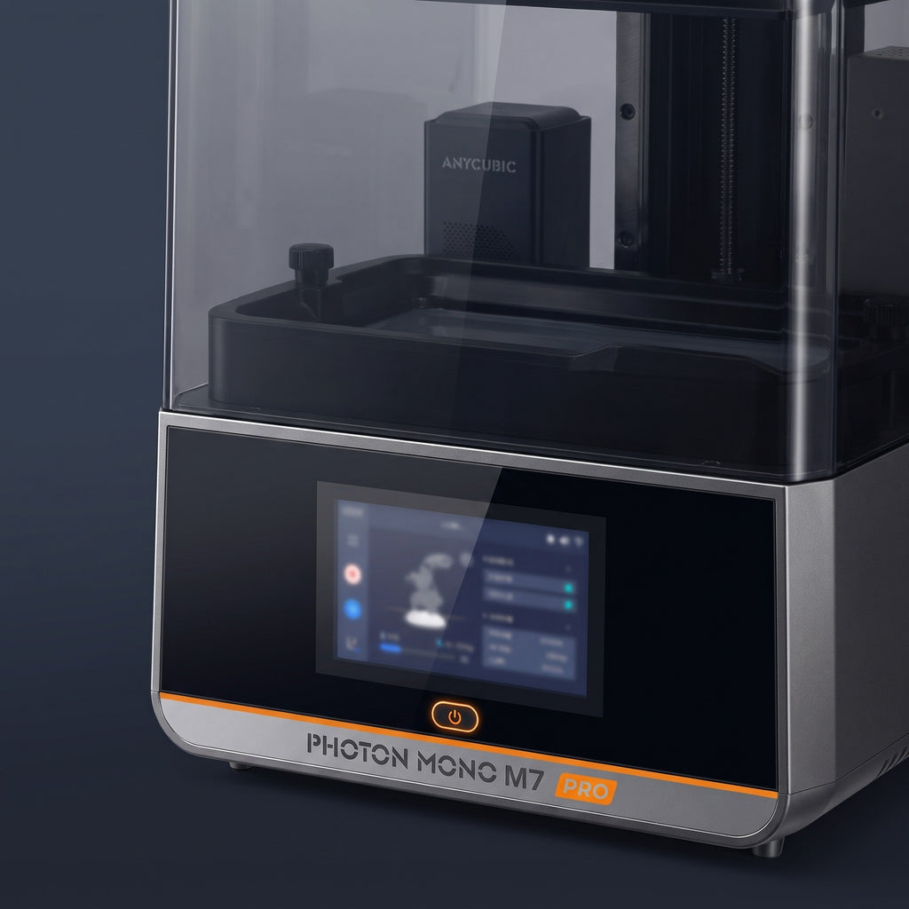 Close-up of the Aura Max Pro resin vat, heater box, touchscreen and PHOTON MONO M7 PRO base