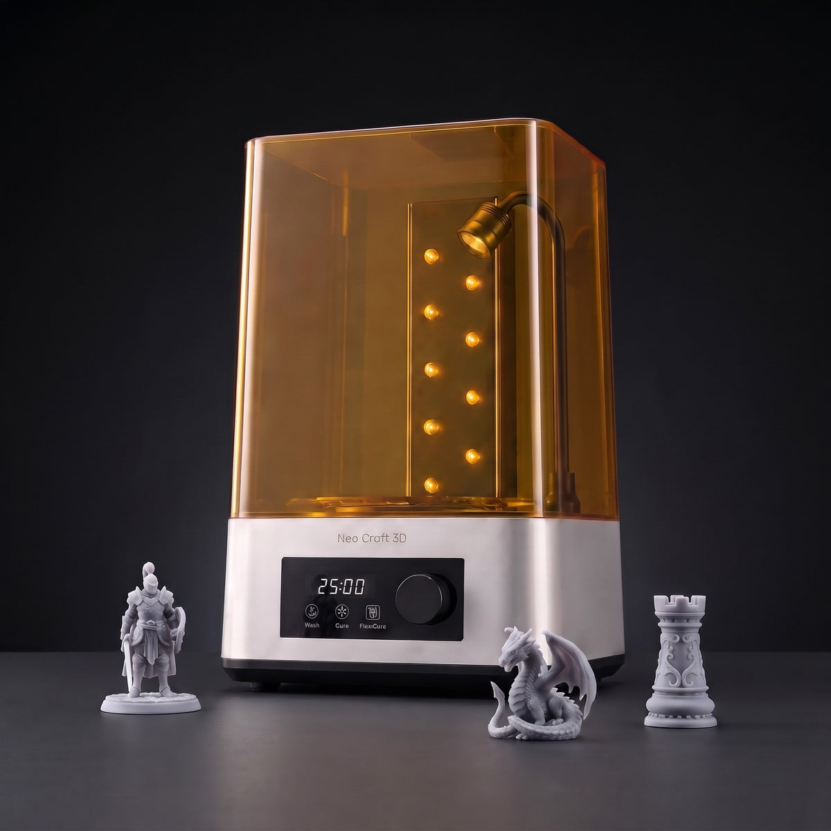 Finish Pro+ wash and cure station with cured gray resin miniatures: a knight, a dragon and a chess rook