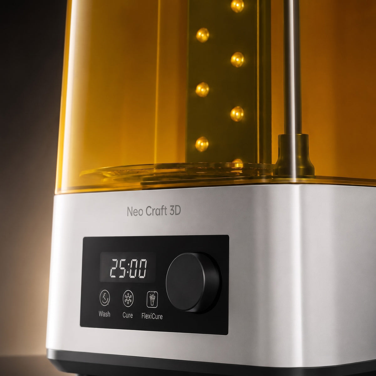 Close-up of the Finish Pro+ control panel with timer display, Wash, Cure and FlexiCure buttons and control knob