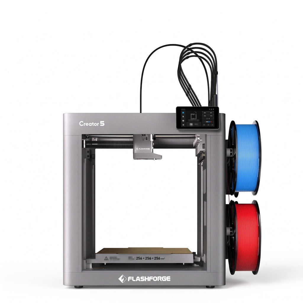 Fusion Multi 4-toolhead 3D printer with touchscreen and two filament spools, front view on a white background