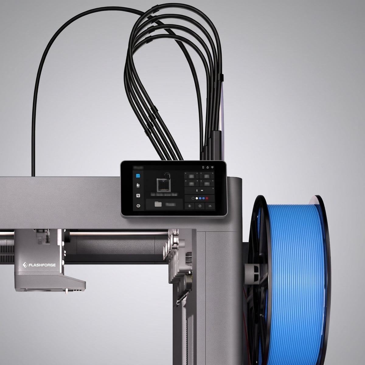 Close-up of the Fusion Multi touchscreen, filament tube bundle and print head