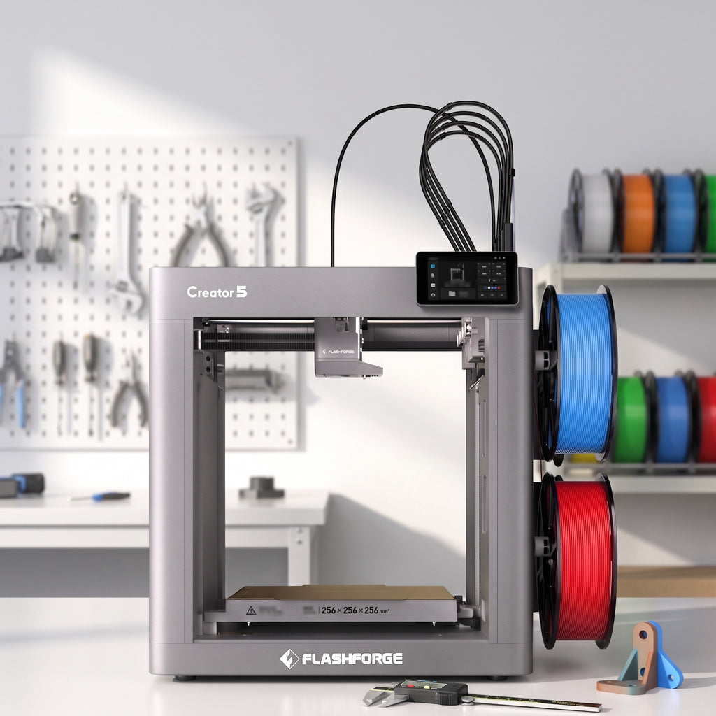 Fusion Multi 3D printer on a white workbench in a product-design studio with calipers and a printed bracket