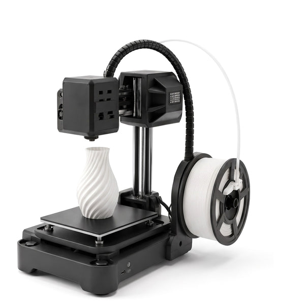 NeoCraft+ compact beginner 3D printer with white filament spool and a printed white vase, on a white background