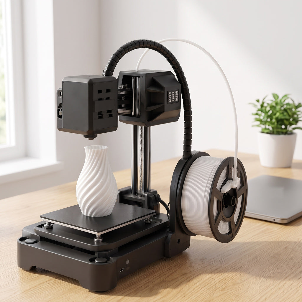 NeoCraft+ mini 3D printer on a light oak desk in a bright home office