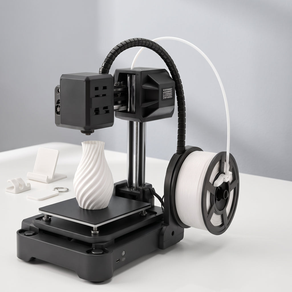 NeoCraft+ mini 3D printer with small white printed objects: a phone stand, a cable clip and a key tag