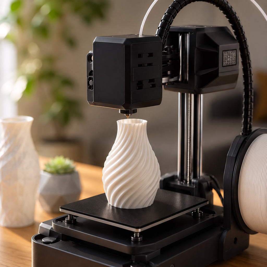Close-up of the NeoCraft+ print head printing a white vase on its spring-mounted build plate
