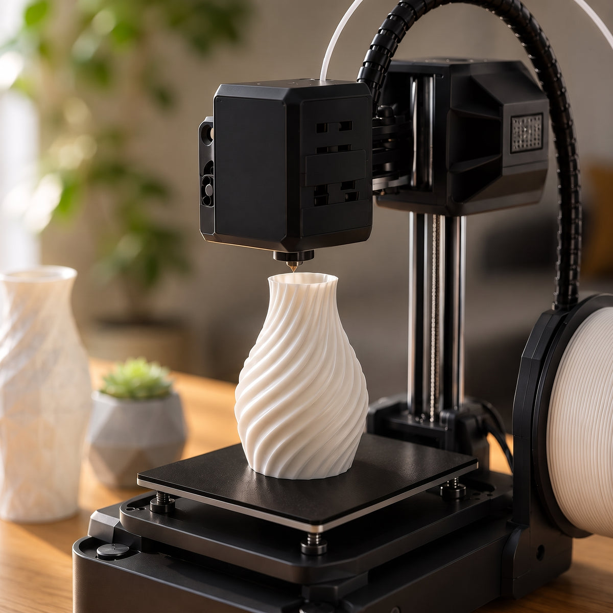 Close-up of the NeoCraft+ print head printing a white vase on its spring-mounted build plate