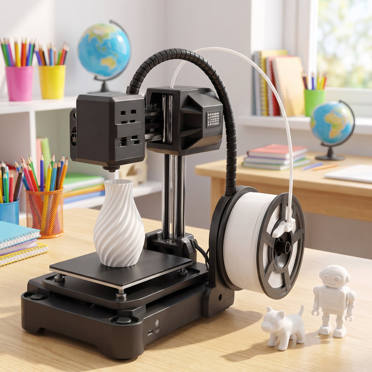 NeoCraft+ mini 3D printer on a classroom table with colored pencils, notebooks and two small printed figures