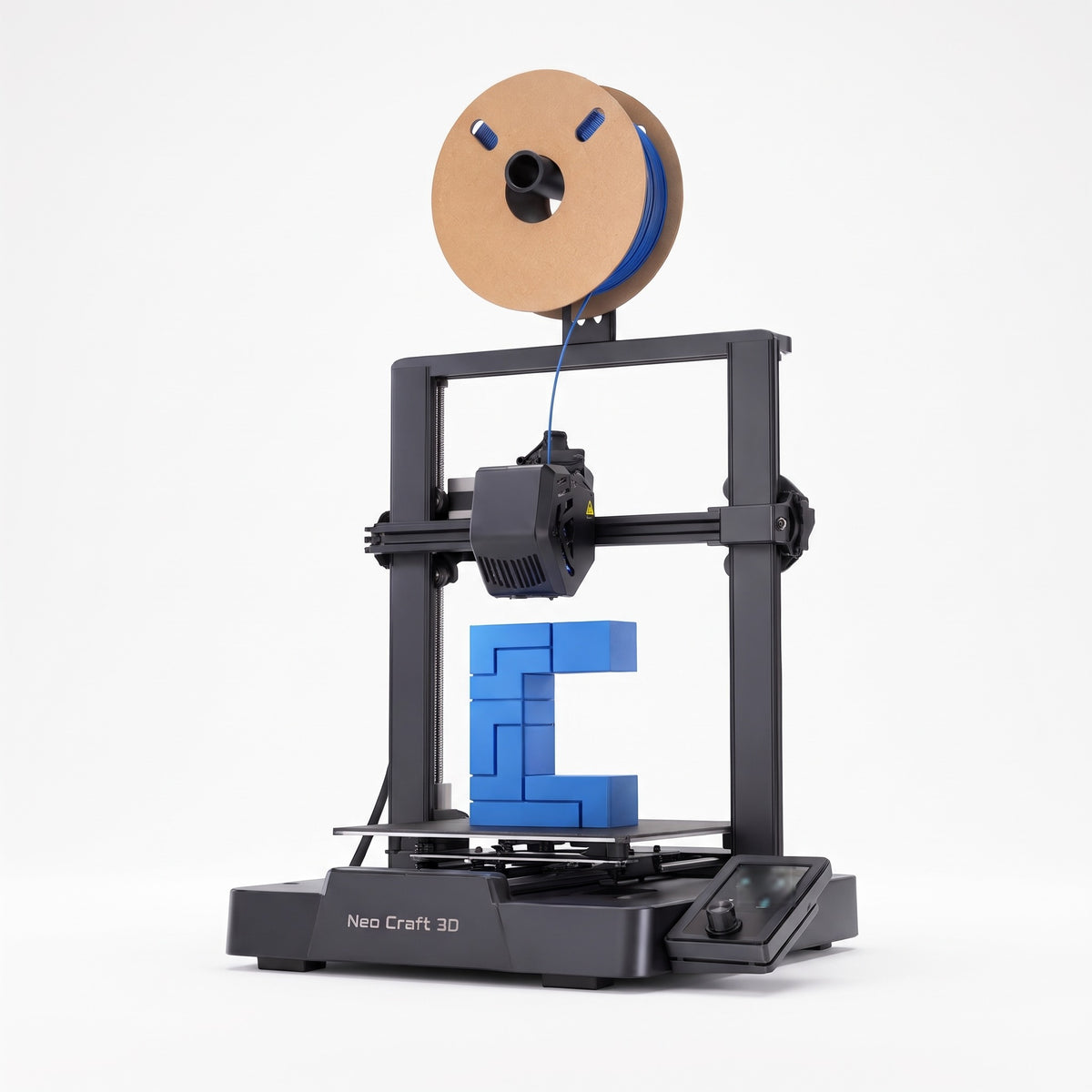 Nova X3 open-frame 3D printer with blue filament spool and a blue printed part, on a white background