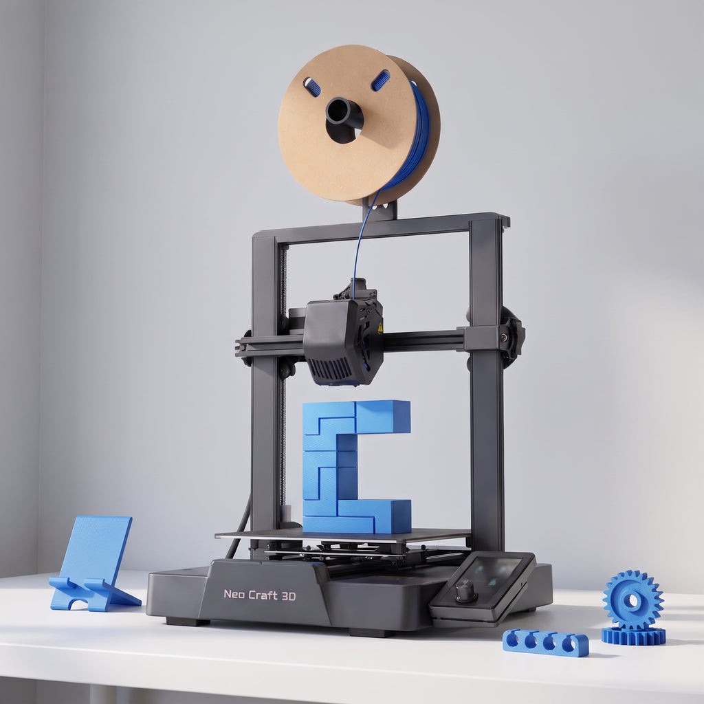 Nova X3 3D printer with blue printed functional parts: a phone stand, a cable clip and gears