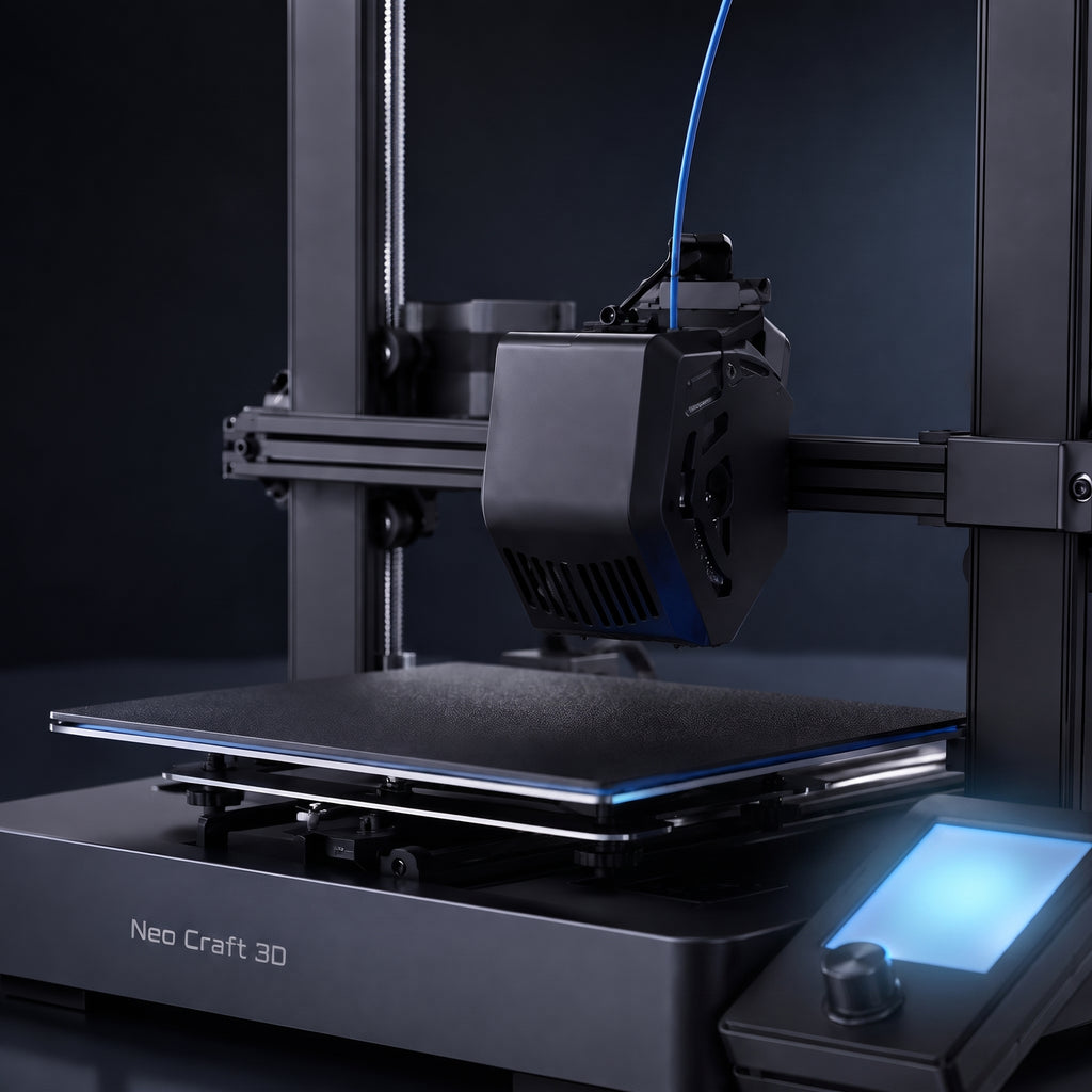 Close-up of the Nova X3 print head, build plate and control knob