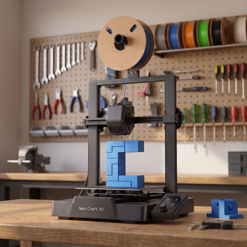 Nova X3 3D printer on a wooden workbench in a maker workshop with calipers and a blue printed part