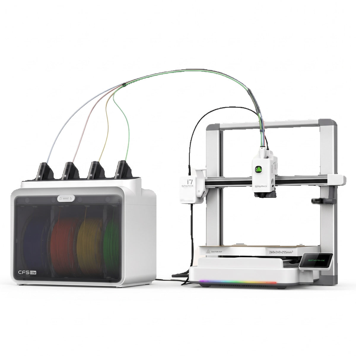 Spark Color multicolor 3D printer with its 4-spool CFS lite filament box, on a white background