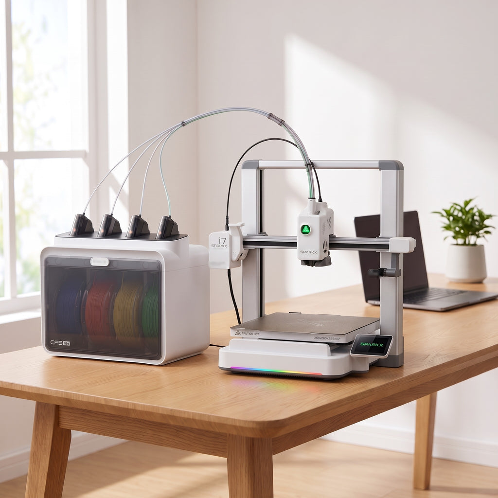 Spark Color 3D printer and filament box on a wooden desk in a bright home office