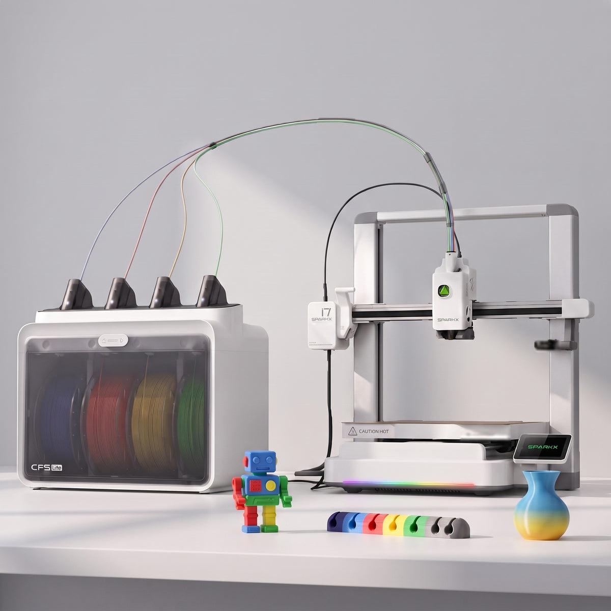 Spark Color 3D printer next to colorful 3D-printed objects
