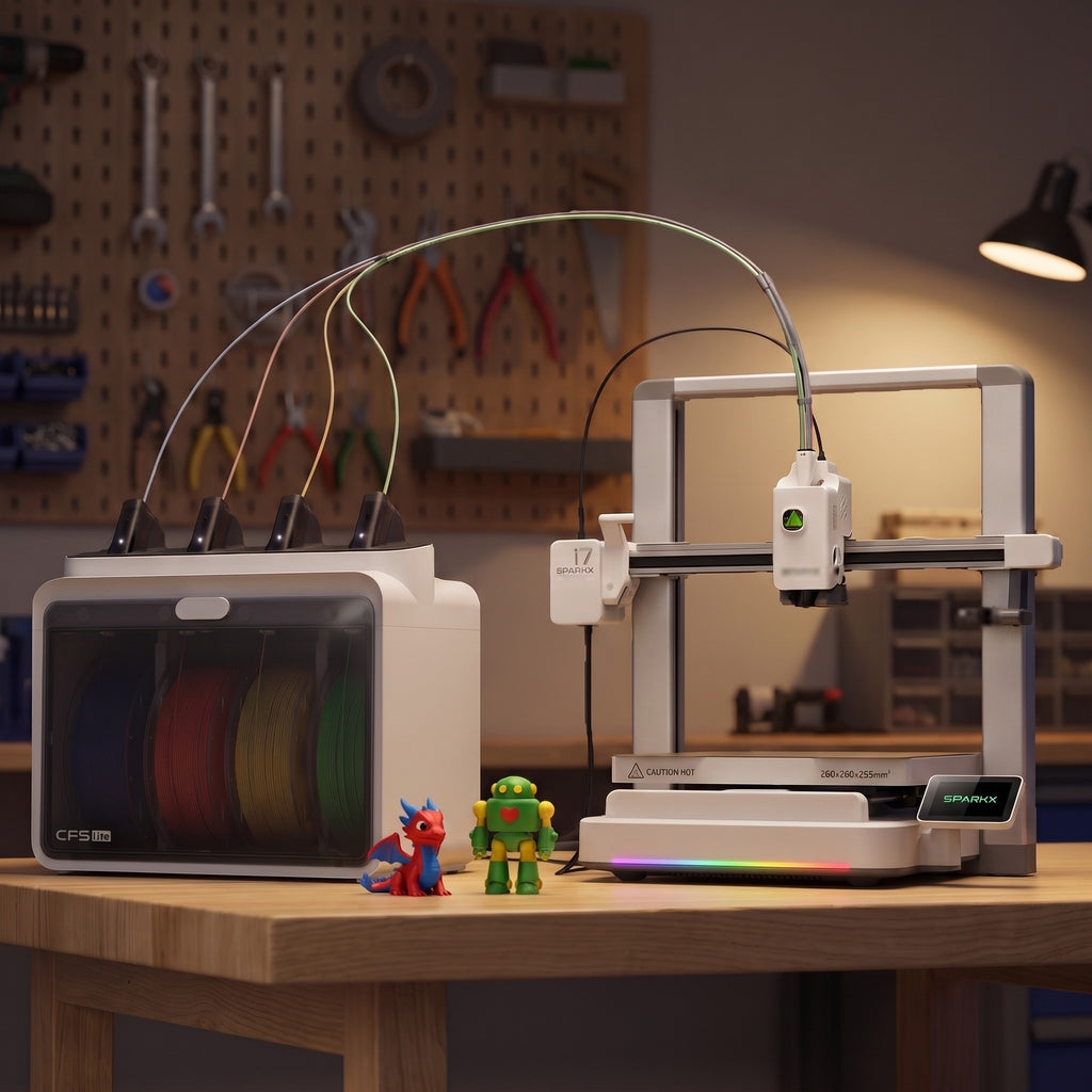 Spark Color 3D printer and filament box on a workbench in a hobby room, RGB light bar on