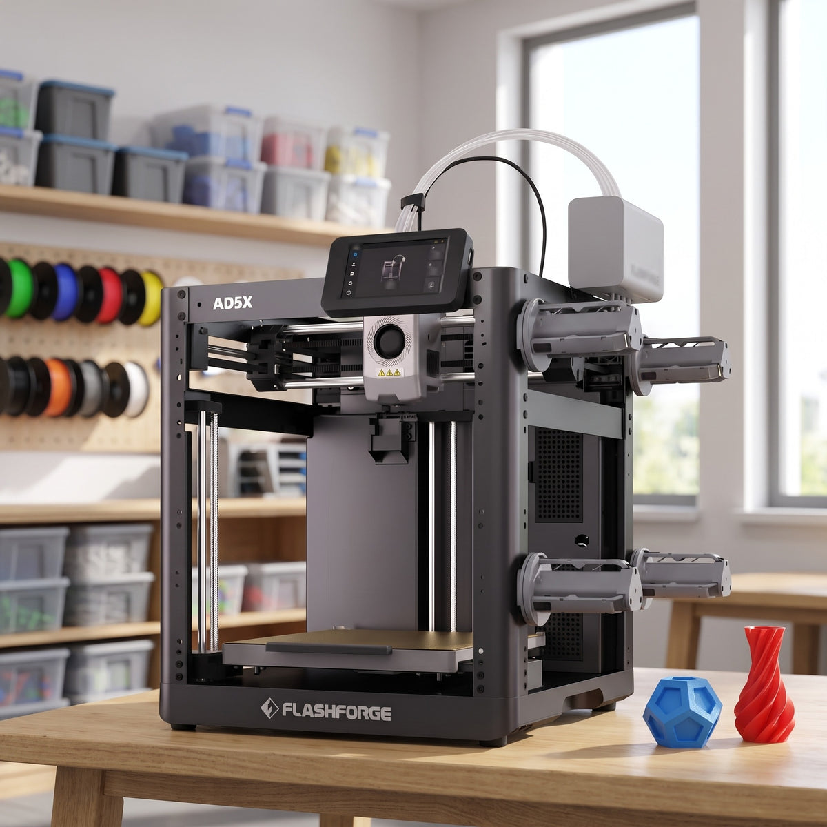 Spectra Color 3D printer on a table in a bright school STEM classroom with printed geometric models