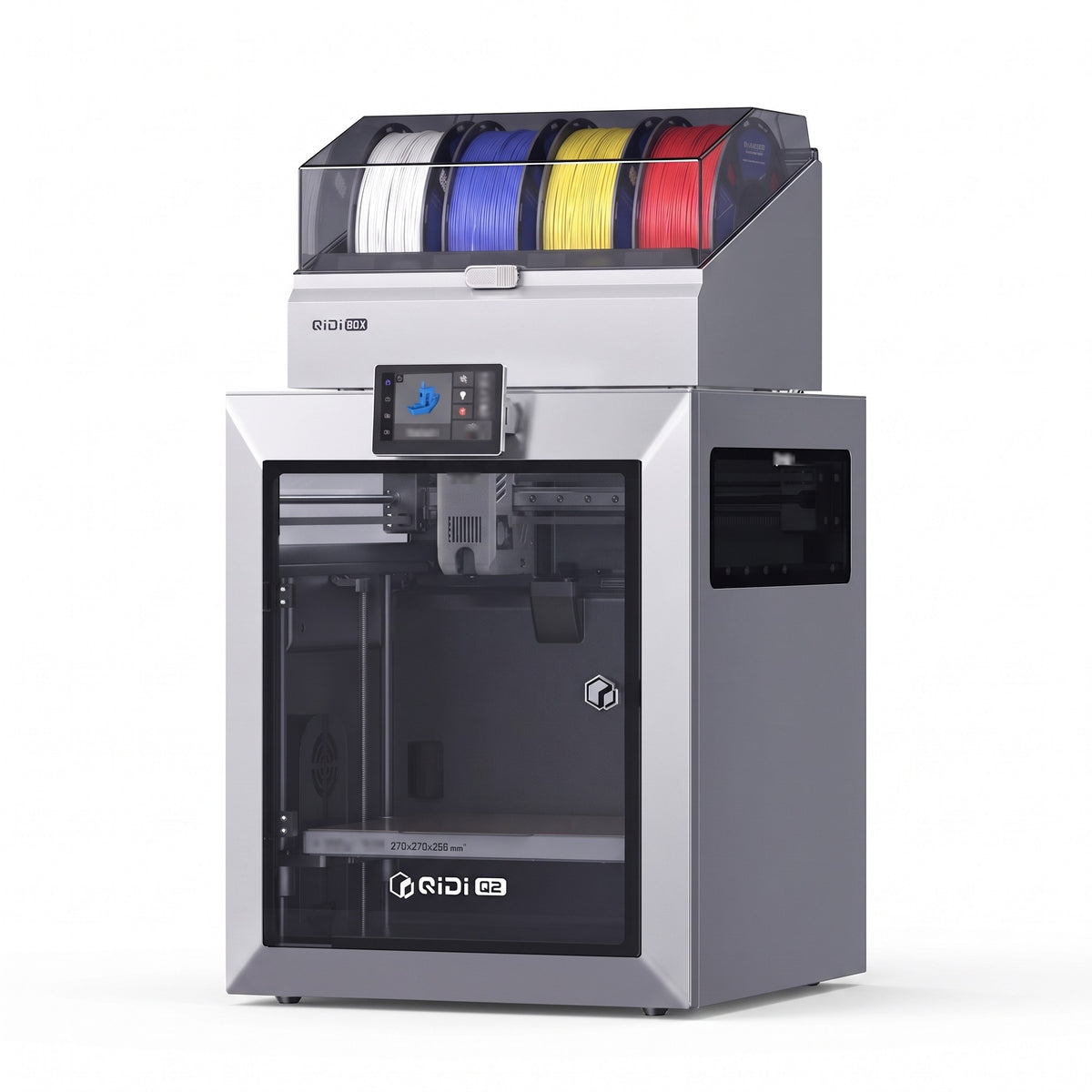 Titan Color enclosed CoreXY 3D printer with its 4-spool filament box on top, on a white background