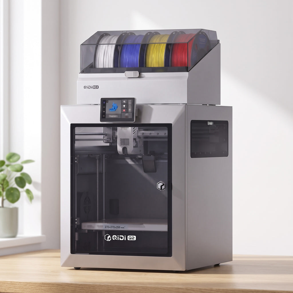 Titan Color 3D printer with filament box on a light oak desk in a bright home office
