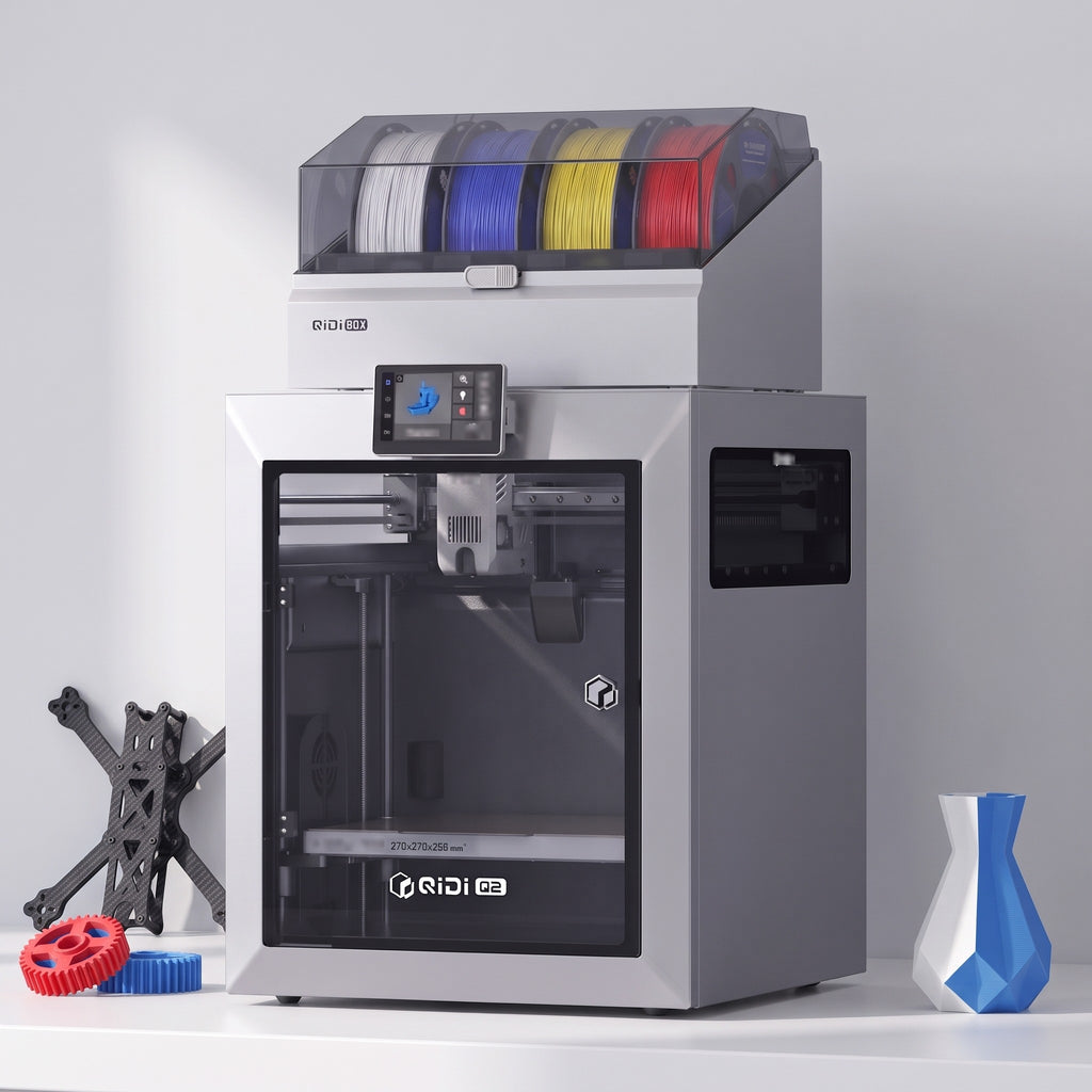 Titan Color 3D printer with a carbon-fiber drone frame, red and blue gears and a two-tone vase