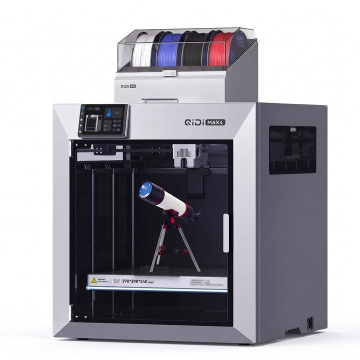 Titan Max Color enclosed CoreXY 3D printer with its four-spool filament box on top, on a white background