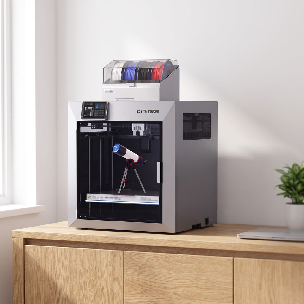 Titan Max Color 3D printer with its filament box on a light oak sideboard in a bright home office