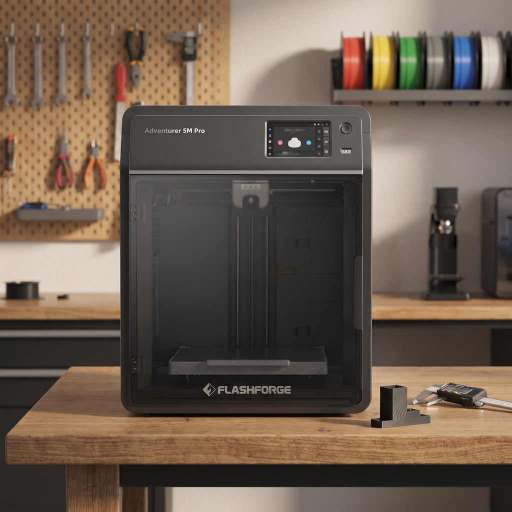 Vault Pro enclosed 3D printer on a wooden workbench in a maker workshop with calipers and a printed part