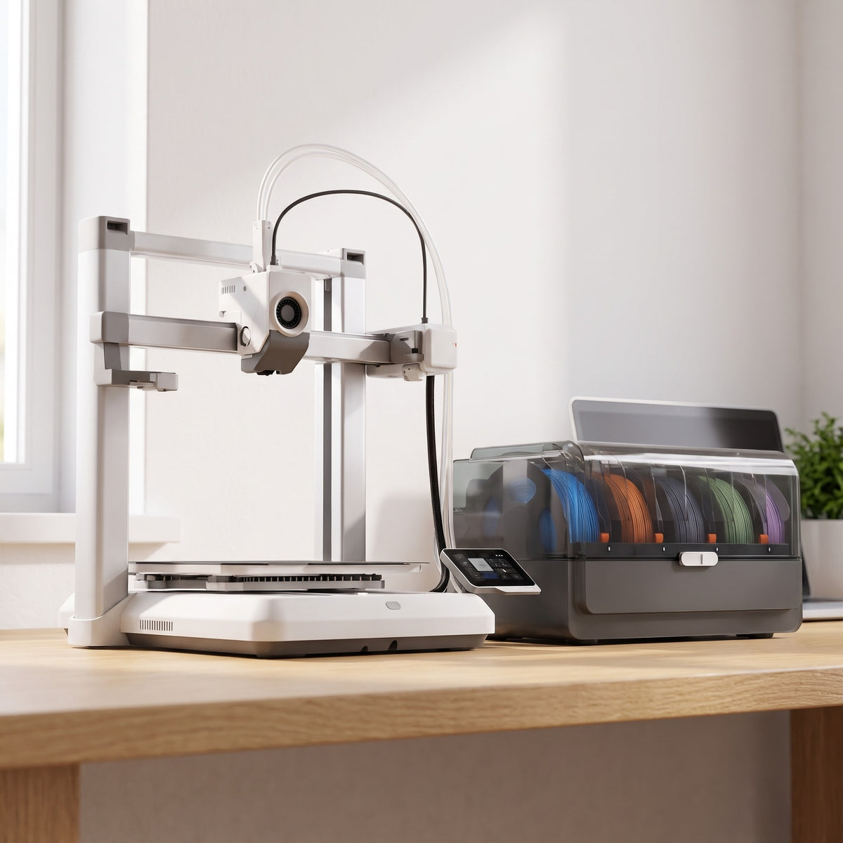 Creator X4 Color 3D printer and color unit on a light oak desk in a bright home office