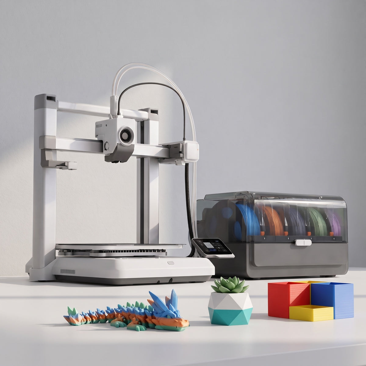 Creator X4 Color 3D printer with multicolor 3D-printed toy, planter and desk organizer