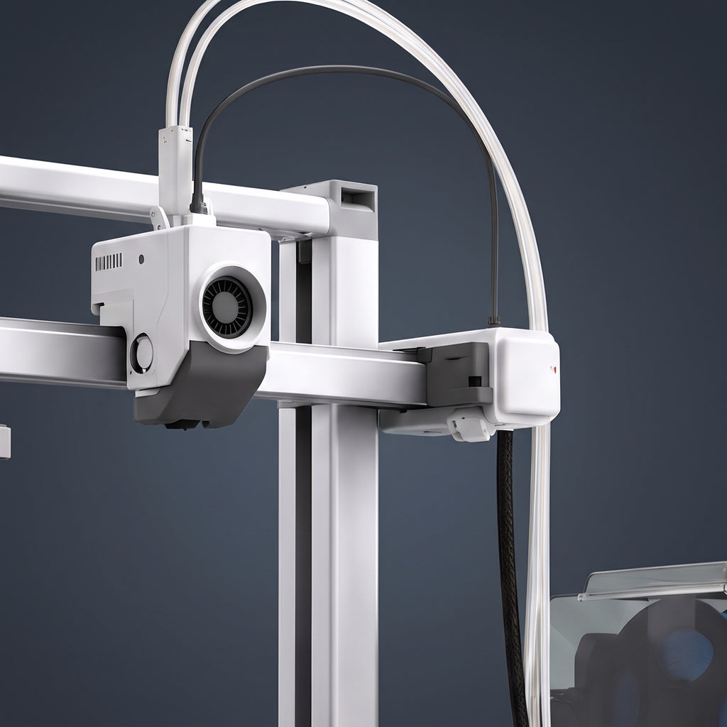 Close-up of the Creator X4 Color print head, gantry and filament tubes