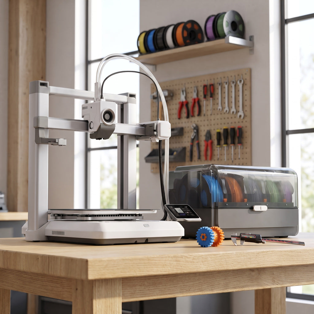 Creator X4 Color 3D printer on a workbench in a school maker space, with calipers and a printed gear